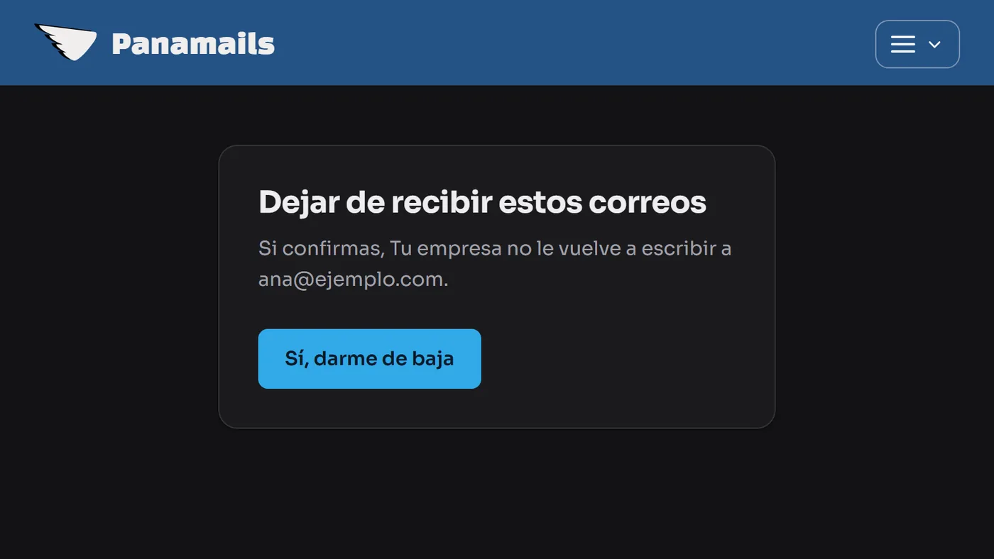 La pantalla que abre quien pulsa el enlace de baja, con el botón de dejar de recibir estos correos.
