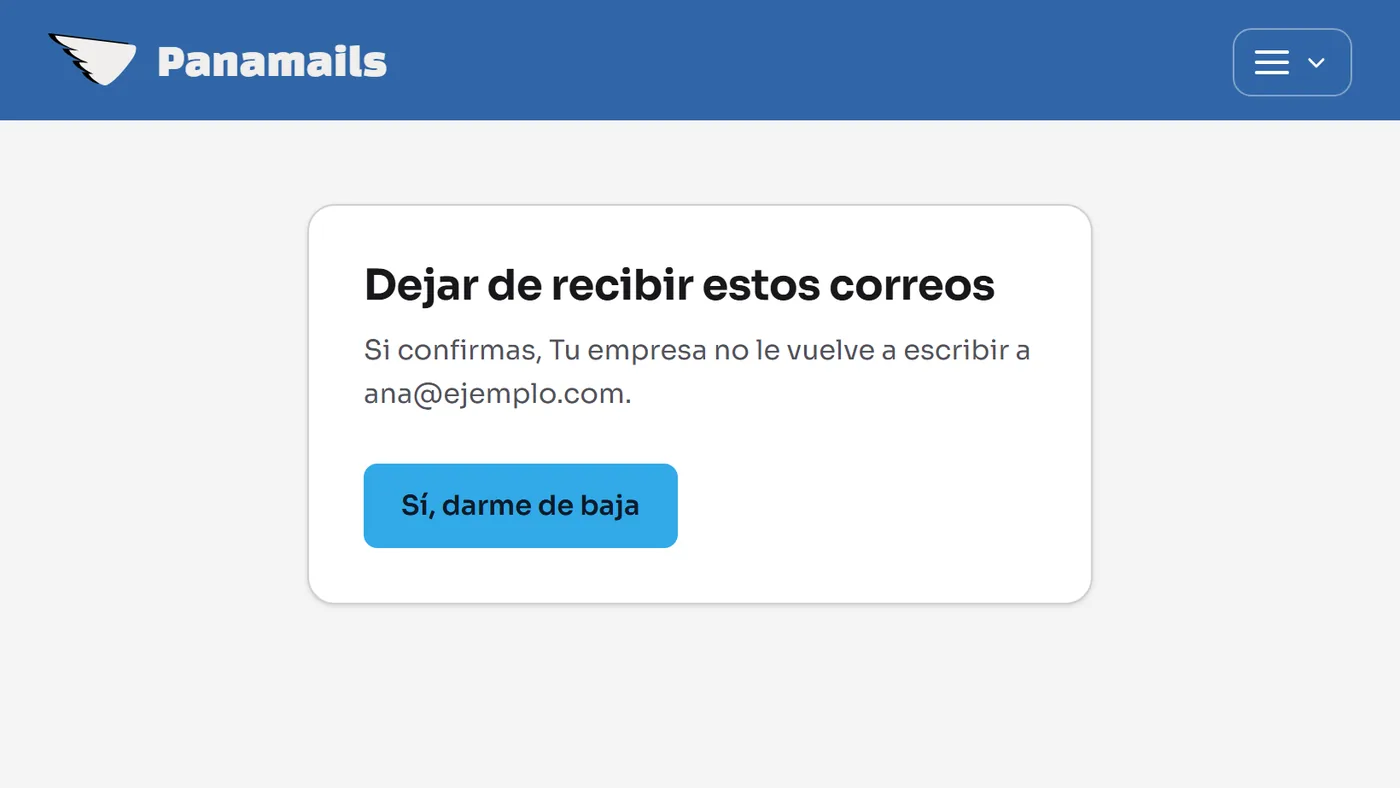 La pantalla que abre quien pulsa el enlace de baja, con el botón de dejar de recibir estos correos.